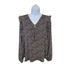 Michael Kors Womens  Long Sleeve Top Small Leopard Ruffle Shoulders Mob Wife